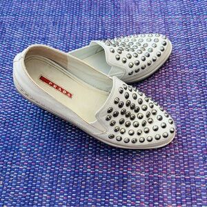 Prada white studded silver flat loafers slip on sneakers tennis shoes size 38 8
